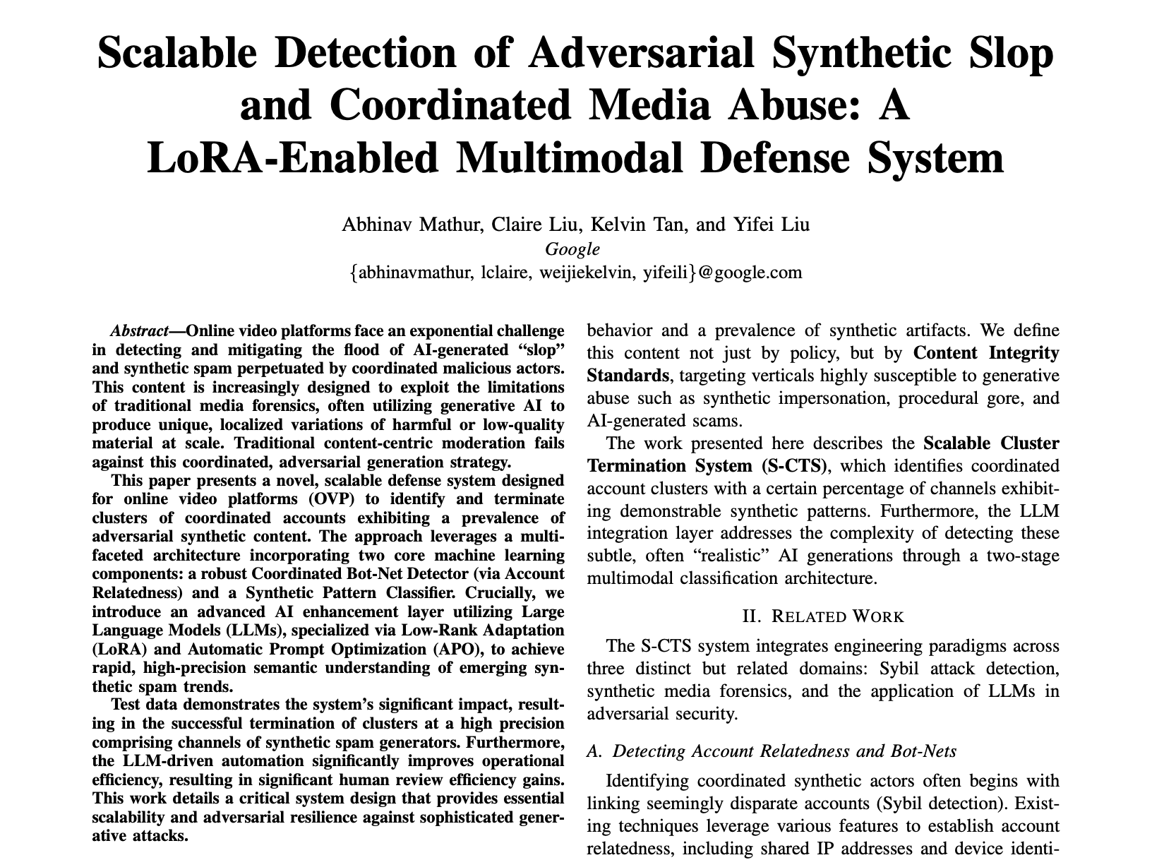 Title page of Google's research paper on scalable detection of adversarial synthetic slop