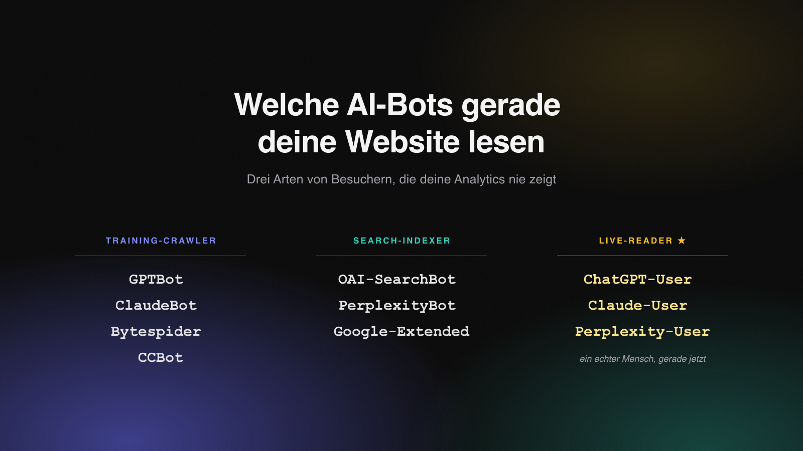 Die drei Arten von AI-Bots: Training-Crawler (GPTBot, ClaudeBot), Search-Indexer (OAI-SearchBot, PerplexityBot) und Live-Reader (ChatGPT-User, Claude-User, Perplexity-User)